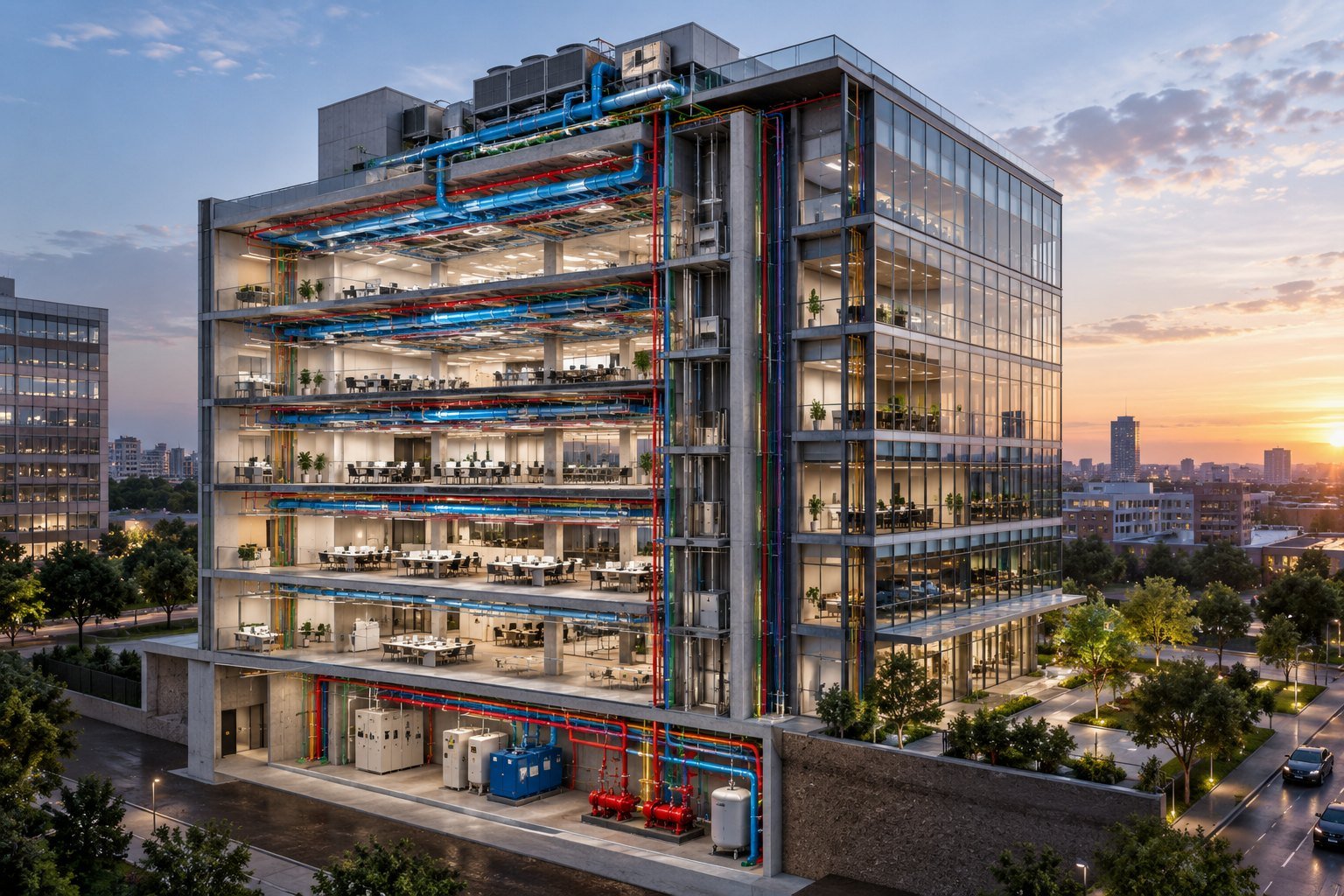 Cutaway of a multi-storey office building showing HVAC ductwork, plumbing, fire protection piping and the mechanical room