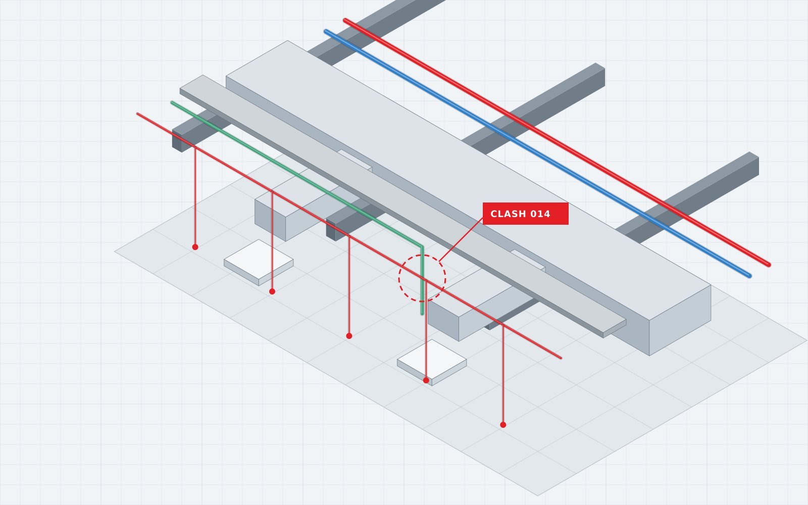 MEP coordination · clash review MEP coordination model showing ductwork, piping and a flagged clash